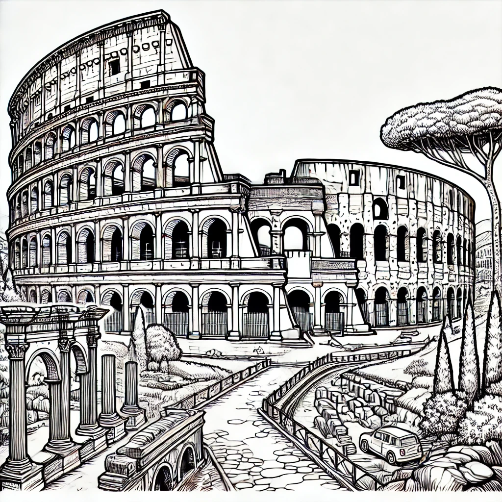 Black-and-white coloring page of the Colosseum in Rome
