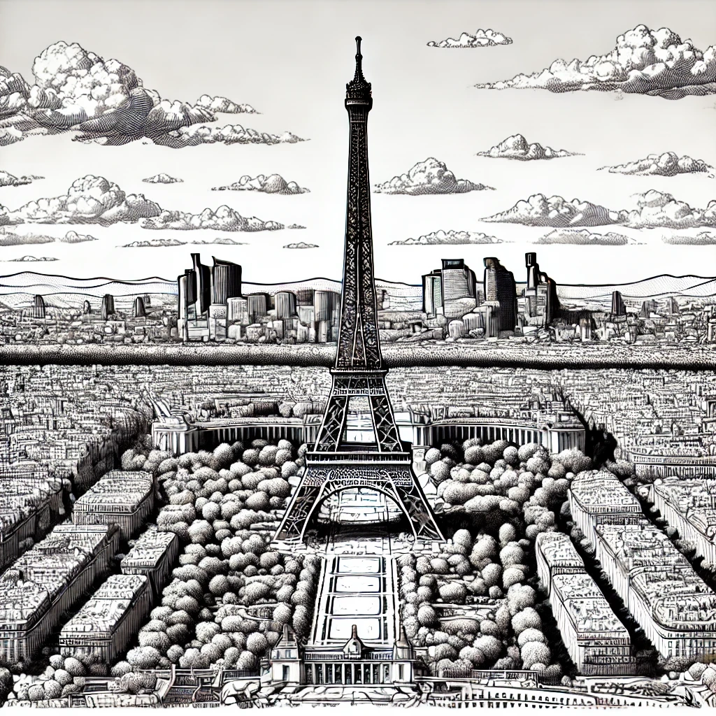 Black-and-white coloring page of the Eiffel Tower in Paris