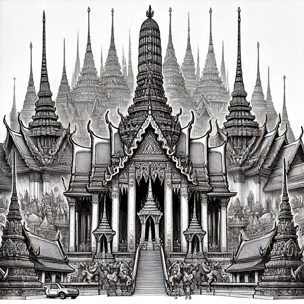 Black-and-white coloring page of Wat Phra Kaew in Thailand