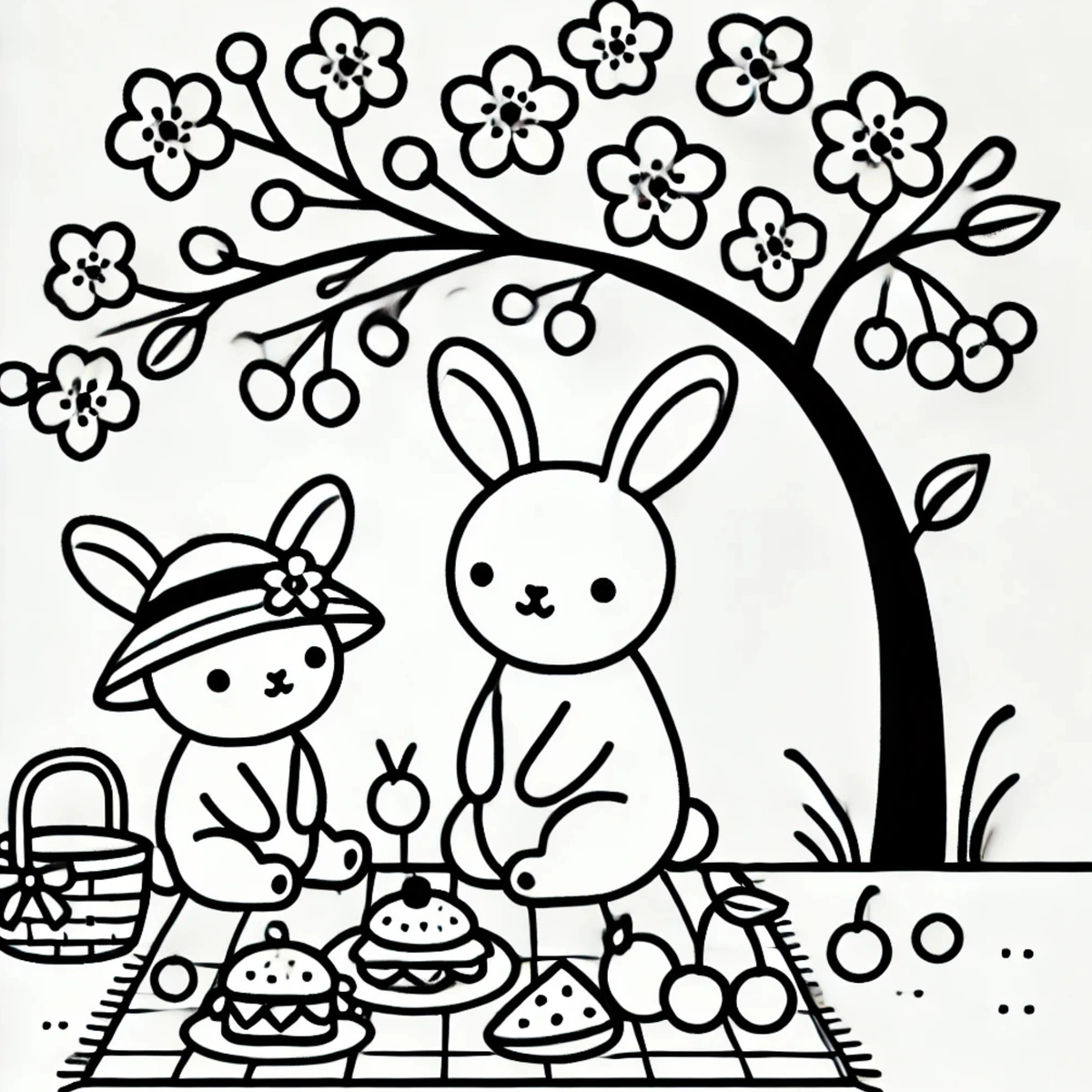 Child-friendly coloring page of animal friends having a picnic under a cherry tree