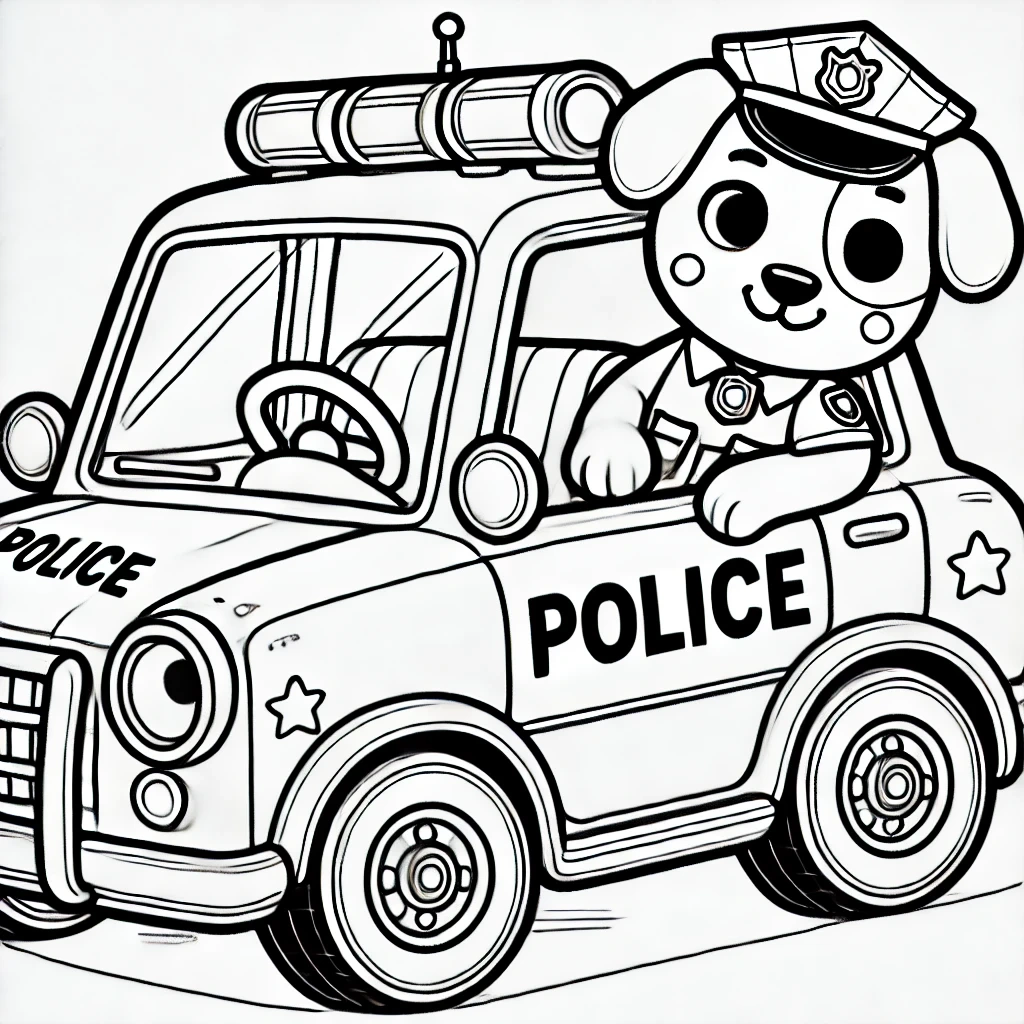 A dog officer beside a police car in a child-friendly coloring page