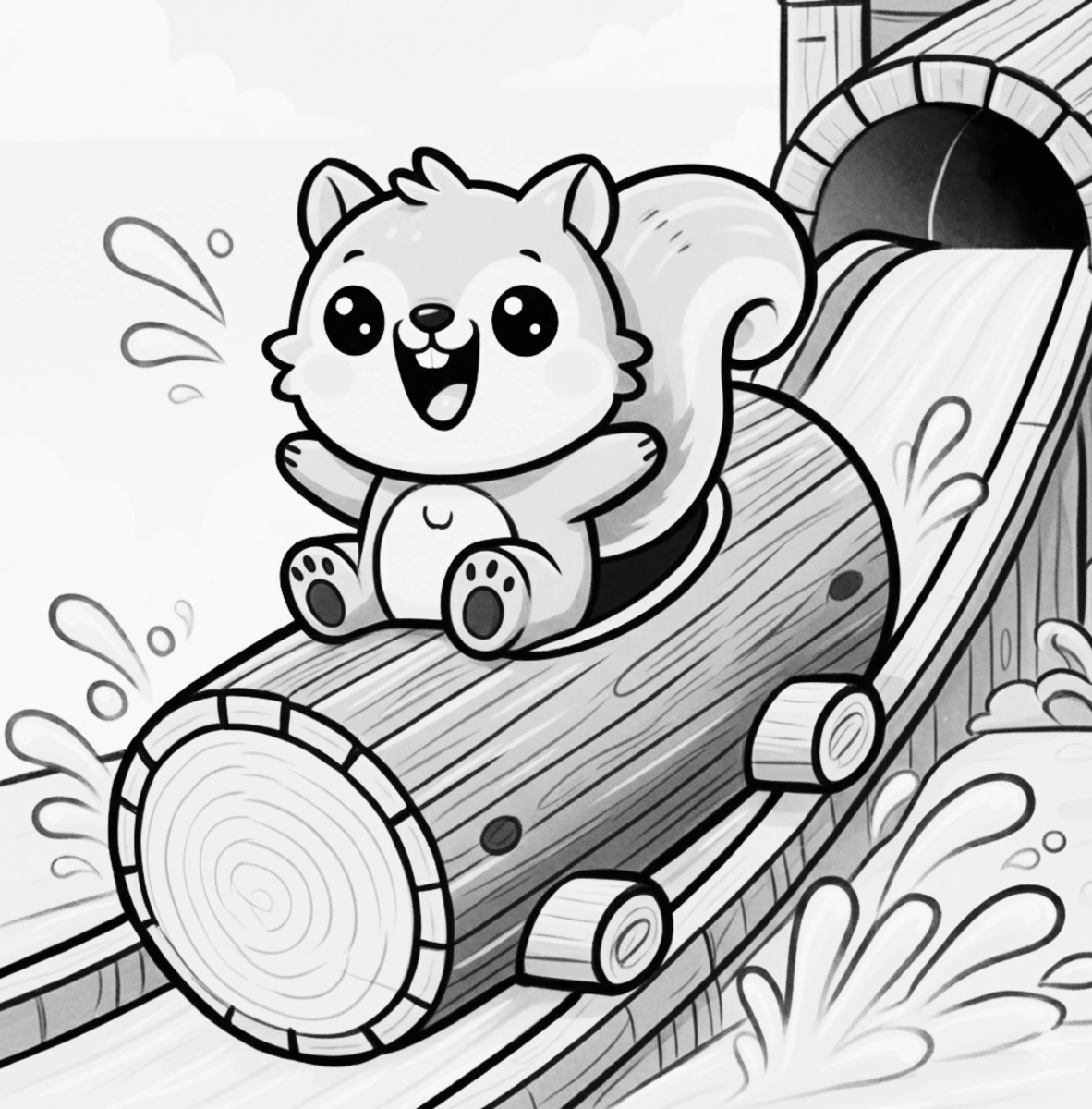 A cheerful squirrel enjoying a theme-park log ride coloring page