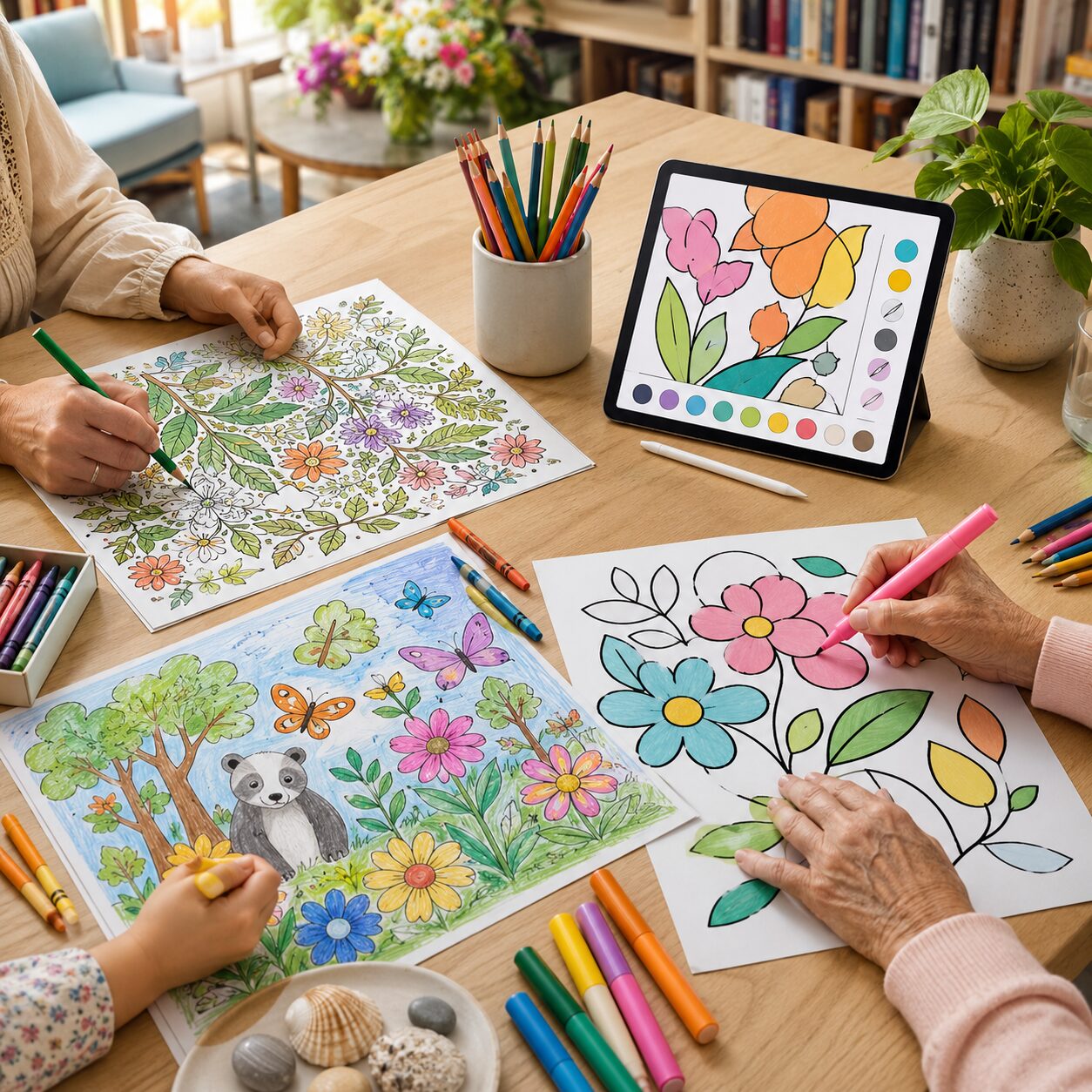 海外の塗り絵トレンドを表現した紙の線画、色鉛筆、デジタル塗り絵の創作風景