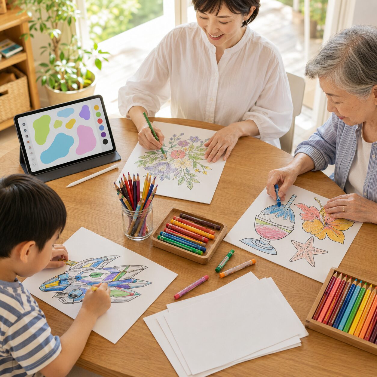 親子と大人、高齢者が夏の紙塗り絵とデジタル塗り絵を楽しむ場面