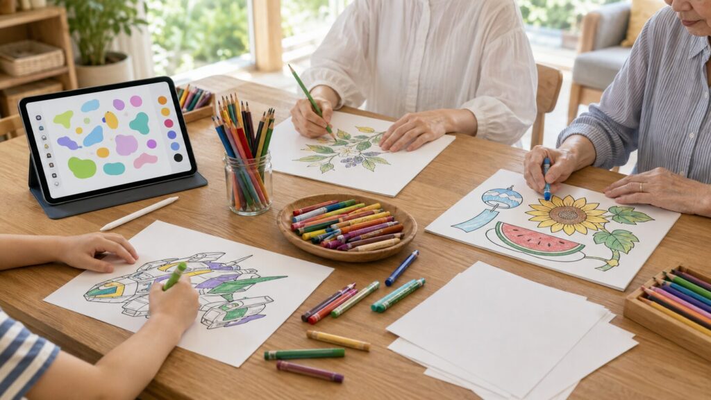 子どもから高齢者までが紙とタブレットで夏の塗り絵を楽しむ様子