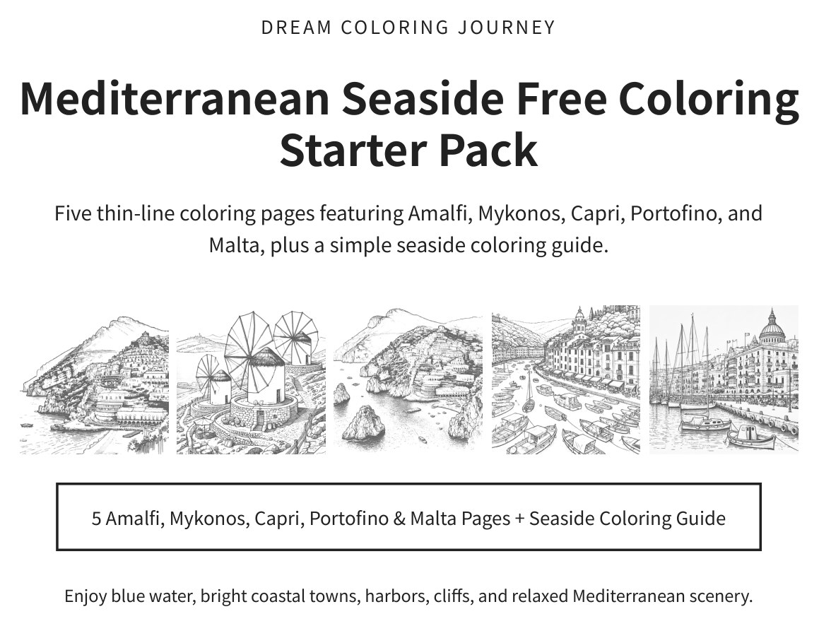 Mediterranean Seaside Free Coloring Starter Pack cover