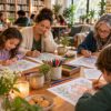 A multigenerational group enjoying coloring together in a warm library setting
