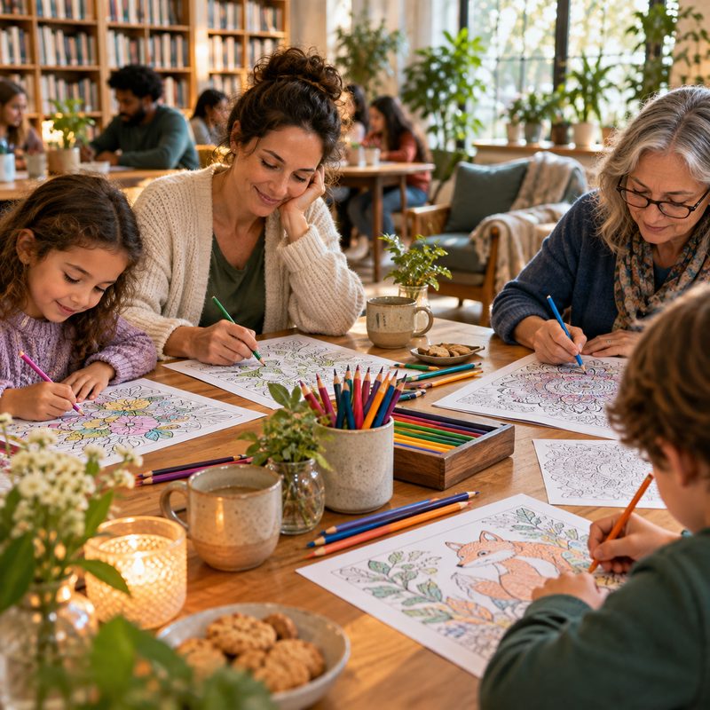A multigenerational group enjoying coloring together in a warm library setting