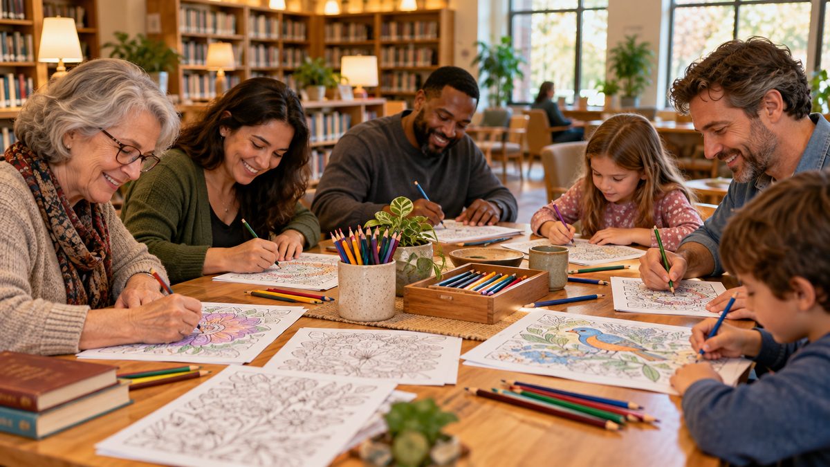 Adults and children coloring together around a library table with colored pencils