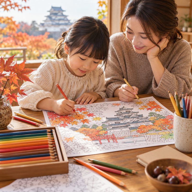 秋の日本の城を題材に、親子で色鉛筆を使って塗り絵を楽しむ様子