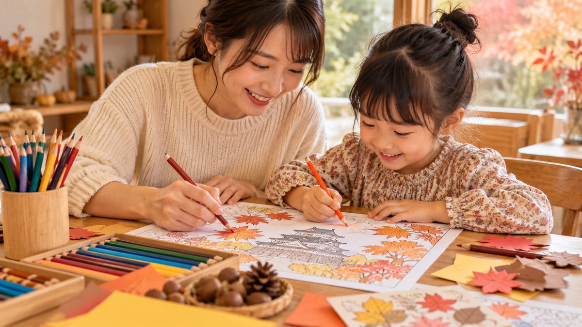 秋の室内で母親と子どもが日本の城と紅葉の塗り絵を一緒に楽しむ様子