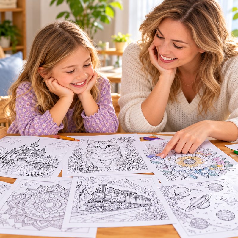 A family enjoying a variety of printable coloring pages together at home