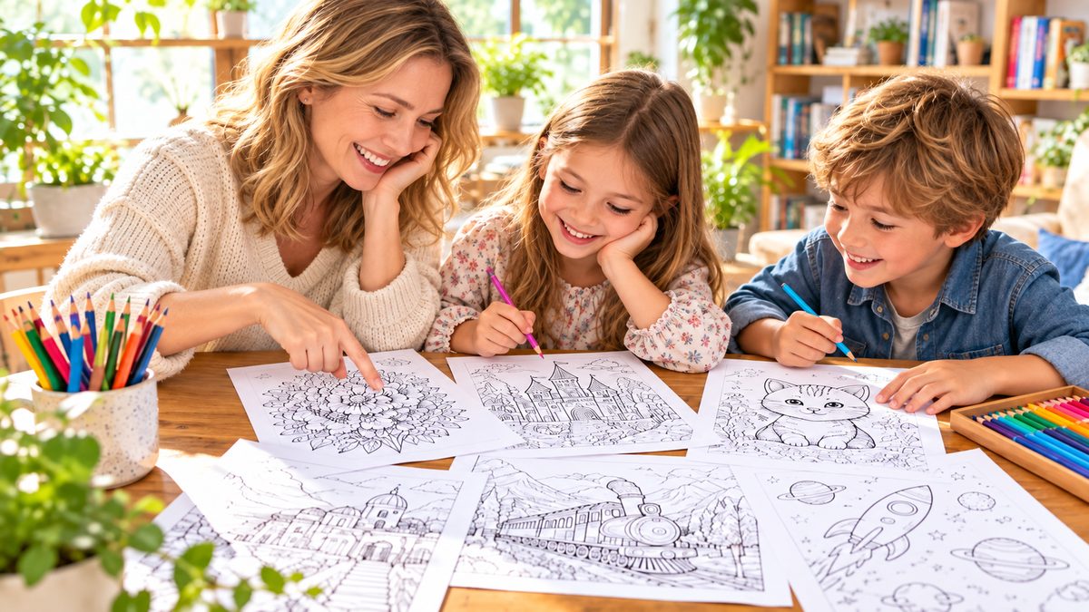 A family browsing and coloring printable pages together at a bright home table
