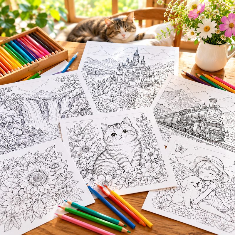 猫や城、列車、花など多彩な無料塗り絵と色鉛筆を並べたテーブル
