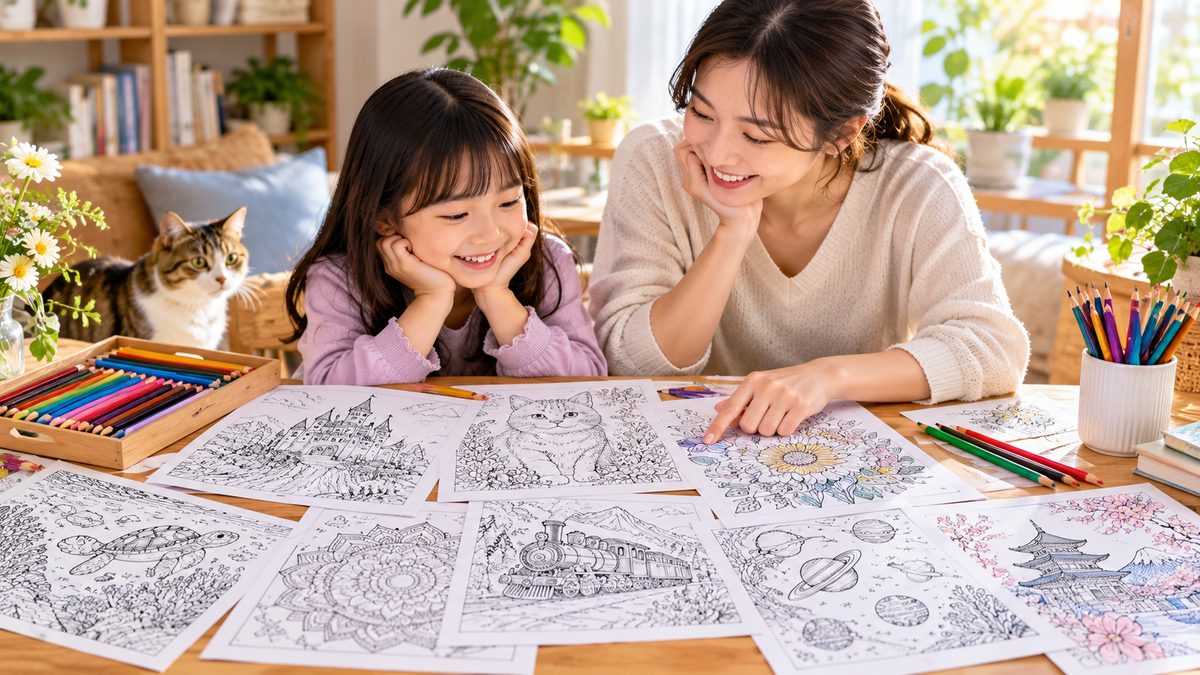 明るい室内で母親と娘がさまざまな塗り絵を見ながら楽しんでいる様子
