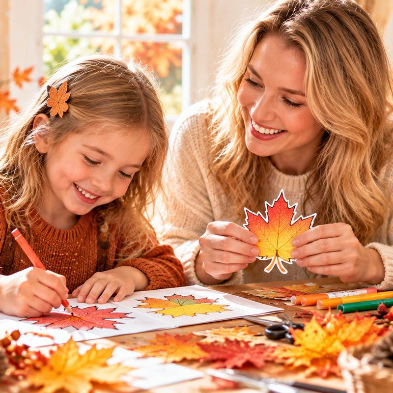 Western mother and daughter making colorful autumn leaf art at a sunny craft table