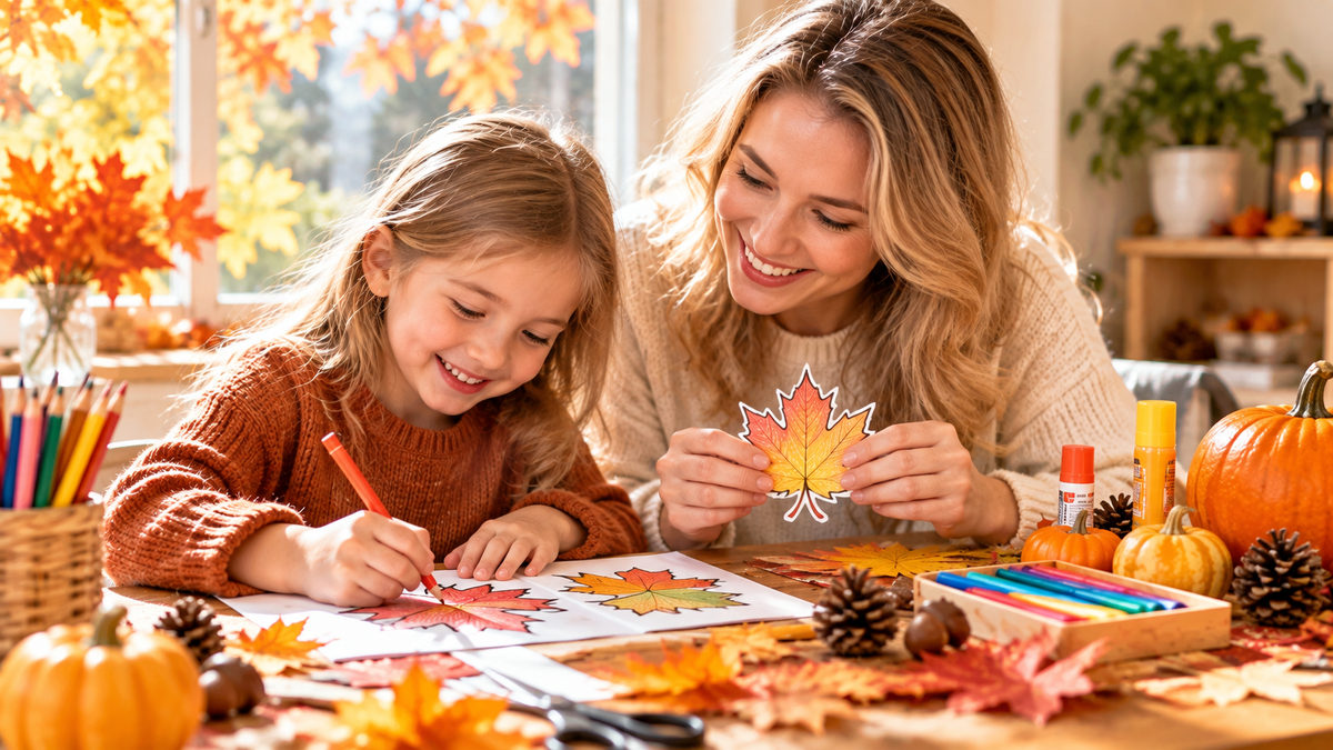 Western mother and daughter enjoying autumn leaf coloring and crafts together at home