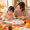 日本人の親子が秋の紅葉を題材に色鉛筆で塗り絵や工作を楽しむ様子