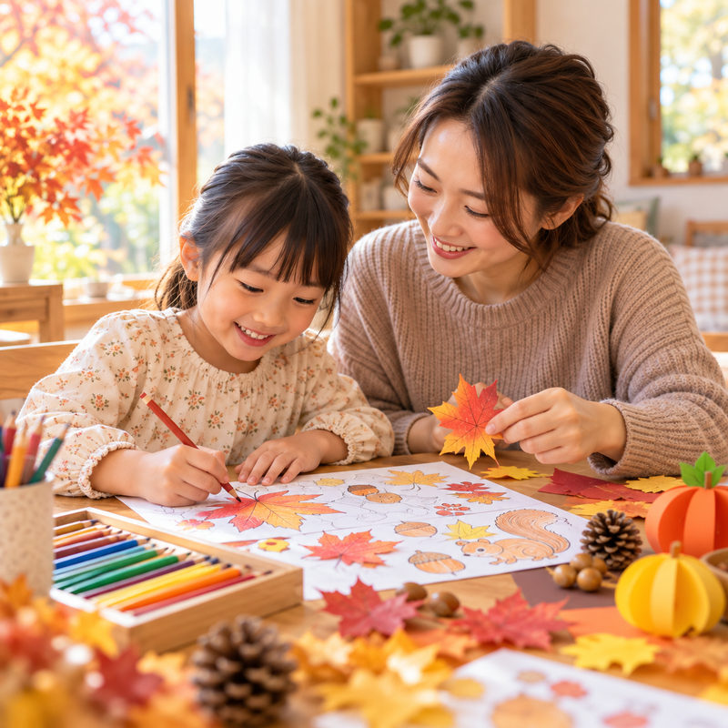 日本人の親子が秋の紅葉を題材に色鉛筆で塗り絵や工作を楽しむ様子