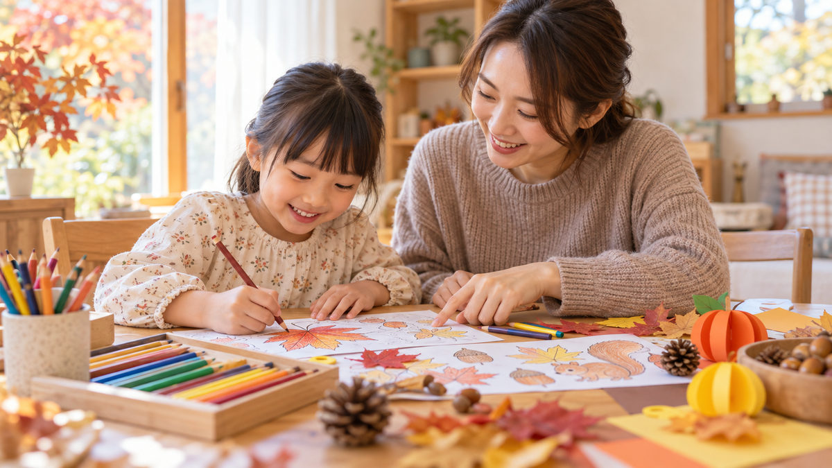 秋の明るい室内で日本人の母親と女の子が紅葉の塗り絵や工作を楽しむ様子
